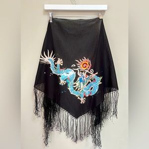 Vintage Ralph Lauren Wrap Scarf Black Dragon Motif with Fringe 90s - 62” x 24”